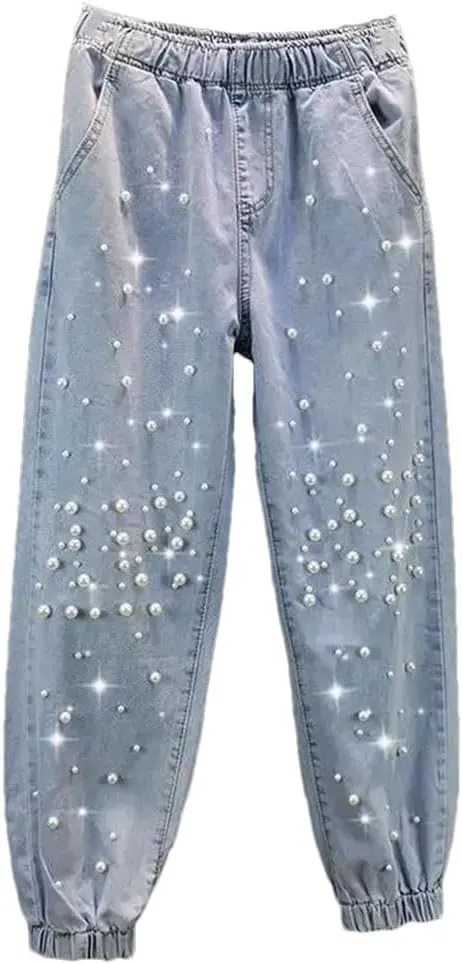 Korean Woman Streetwear Fashion Denim Harem Pants Bottoms Elastic Waist Beading Casual Vintage Jeans