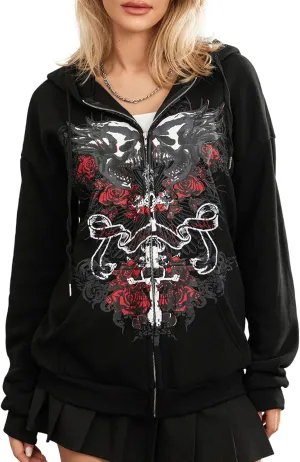 KOSUSANILL Women Y2K Zip Up Hoodie Long Sleeve Fairy Grunge Graphic Sweatshirt Vintage Aesthetic Jacket Oversized Streetwear