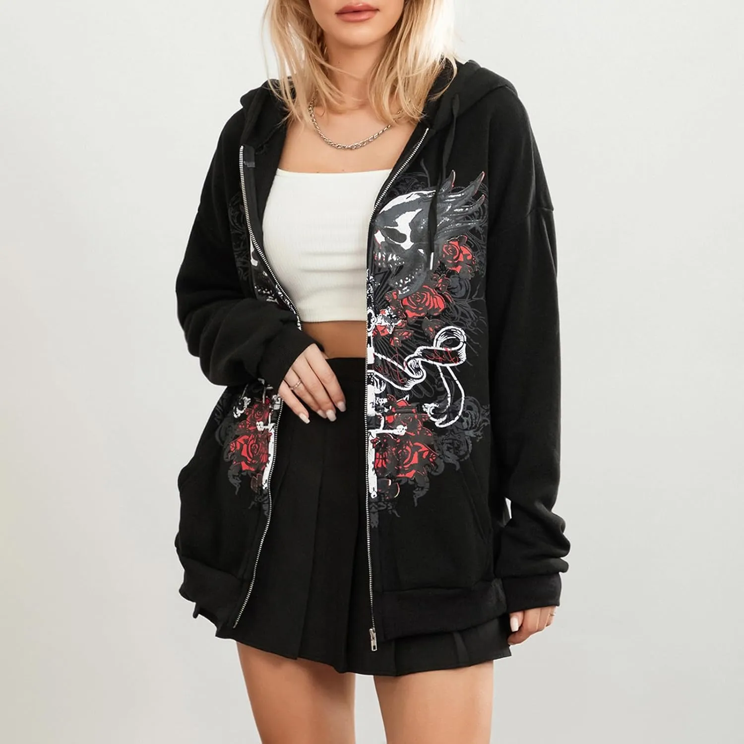 KOSUSANILL Women Y2K Zip Up Hoodie Long Sleeve Fairy Grunge Graphic Sweatshirt Vintage Aesthetic Jacket Oversized Streetwear