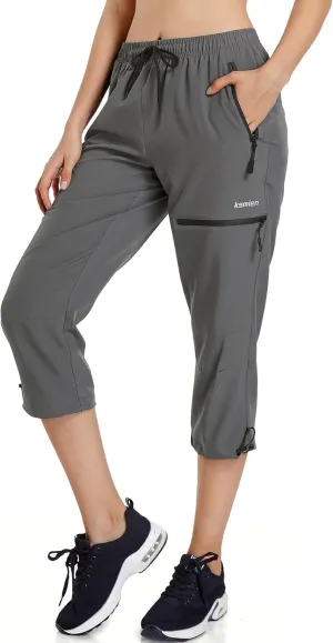Ksmien Women's Lightweight Hiking Capri Pants Quick Dry Workout Cargo Capris Water Resistant UPF 50  Zipped Pockets