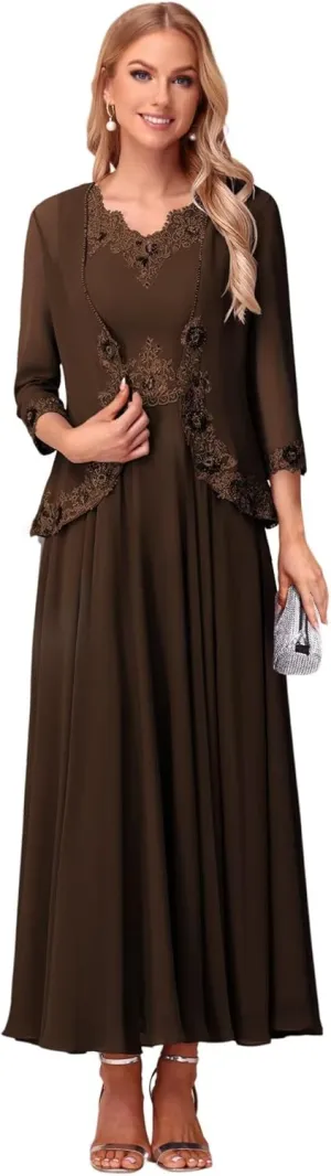 Lace Applique V Neck 2 Piece Mother of The Bride Dresses 3/4 Sleeve Chiffon Evening Formal Dress with Jacket PU178