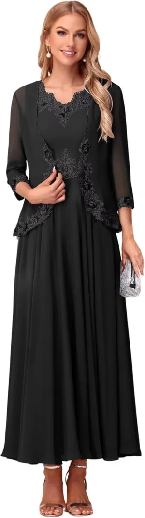 Lace Applique V Neck 2 Piece Mother of The Bride Dresses 3/4 Sleeve Chiffon Evening Formal Dress with Jacket PU178
