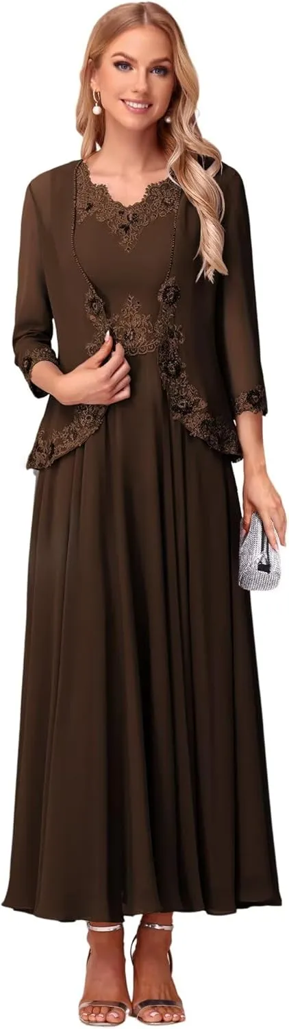 Lace Applique V Neck 2 Piece Mother of The Bride Dresses 3/4 Sleeve Chiffon Evening Formal Dress with Jacket PU178