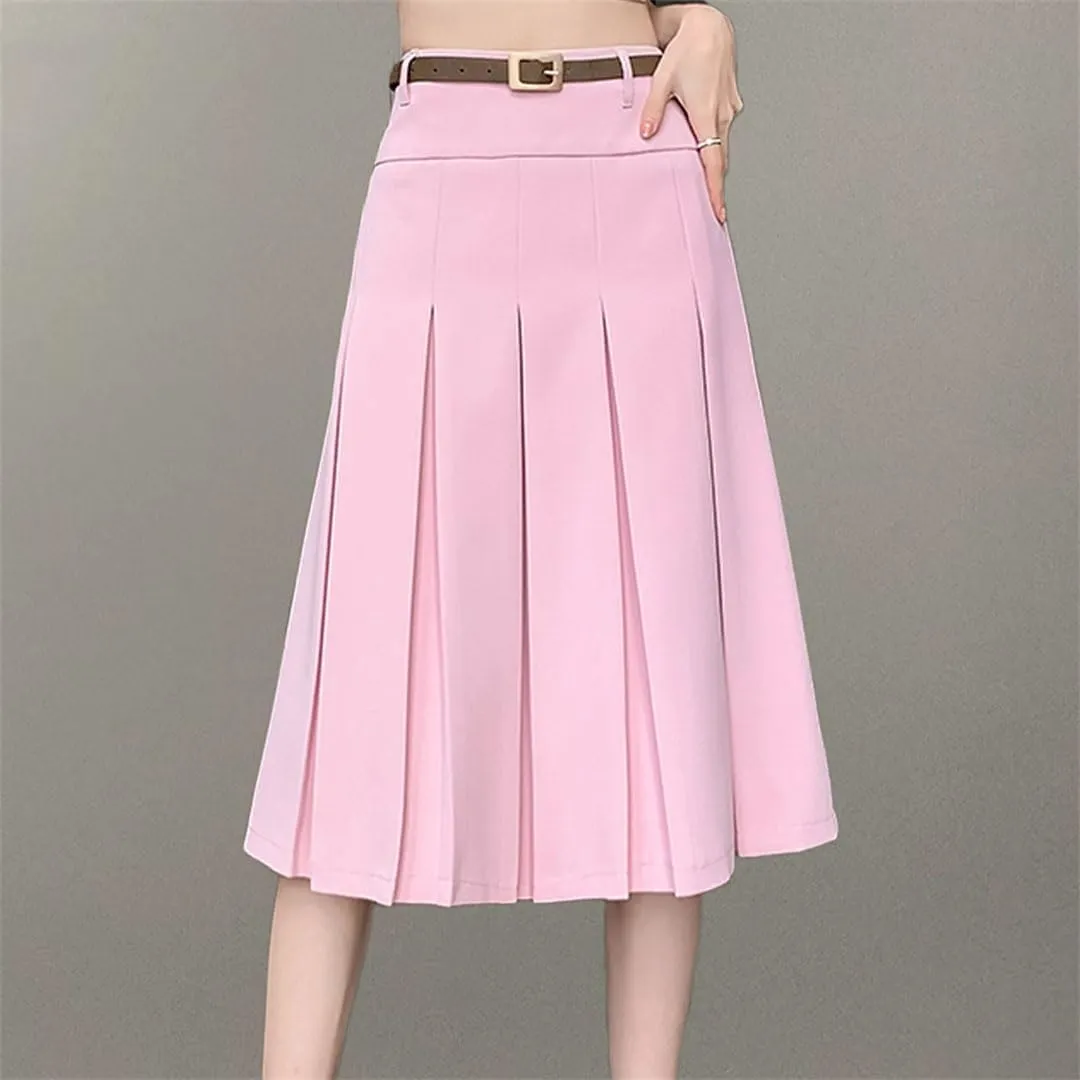 Ladies and Girls High Waist A-Line Pleated Skirts Spring Summer All-Match Streetwear Midi Skirts