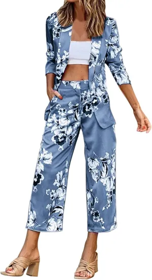 Ladies Casual Printed 3/4 Sleeve Suit Top Suit Pants Set Dressy Jumpsuits for Women Evening Party