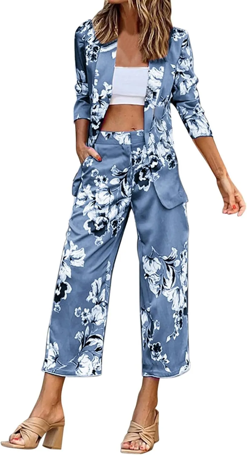 Ladies Casual Printed 3/4 Sleeve Suit Top Suit Pants Set Dressy Jumpsuits for Women Evening Party