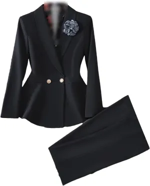 Ladies Elegant Pant Suit Women Slim Ruffle Jacket Blazer and Trouser Work Wear Formal 2 Piece Set