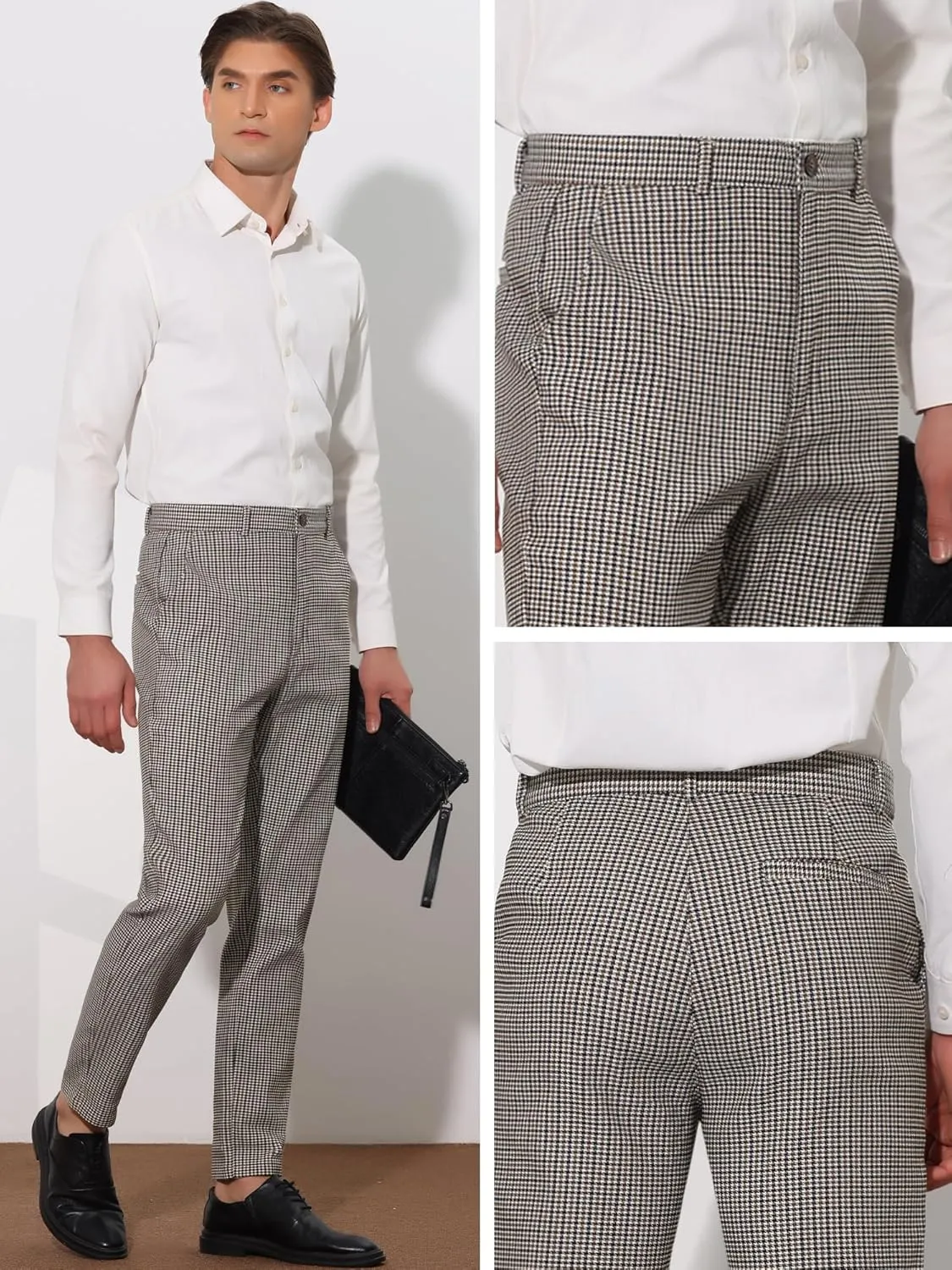 Lars Amadeus Plaid Pants for Men's Slim Fit Flat Front Business Dress Chinos Plaid Pants