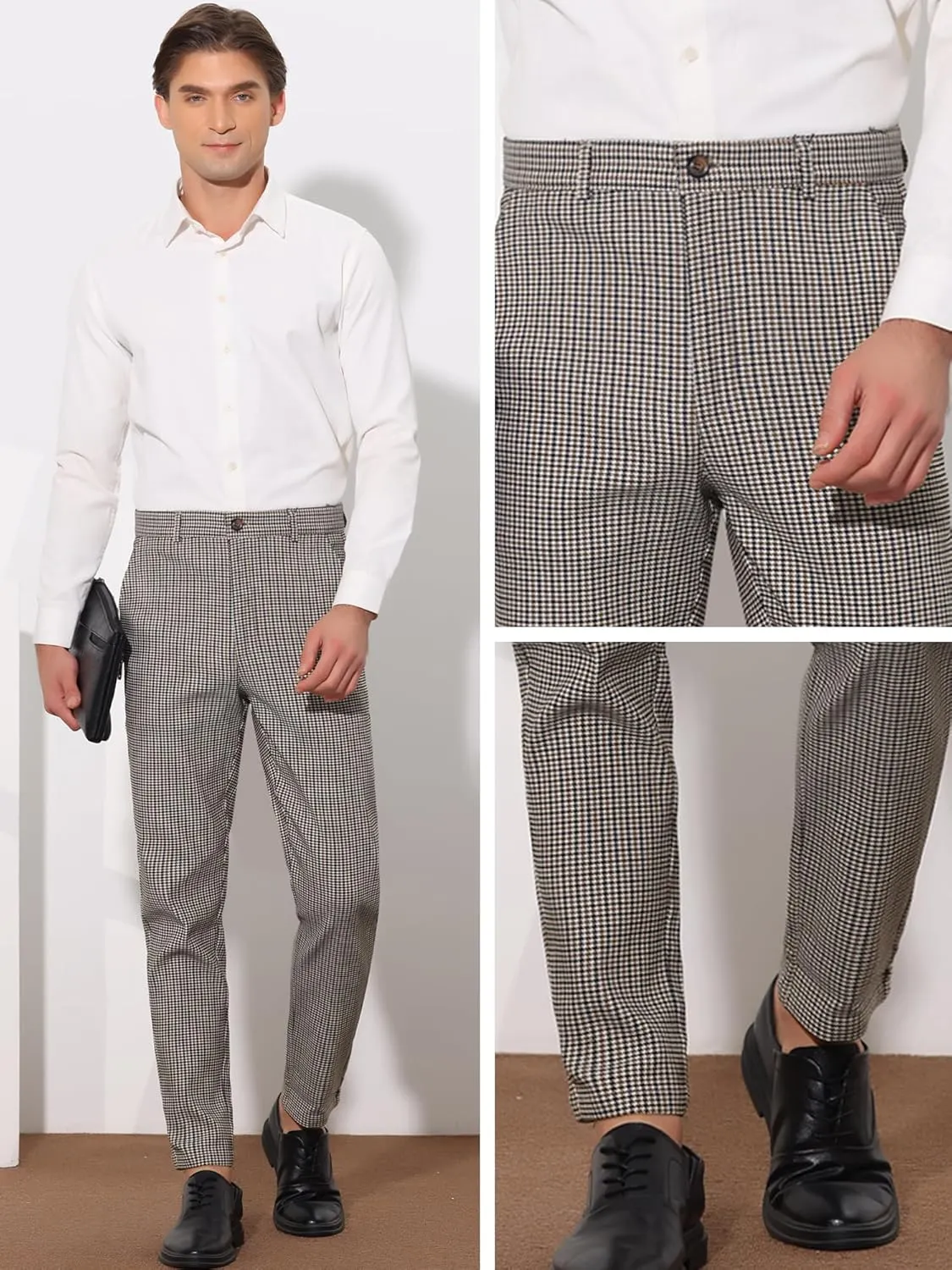 Lars Amadeus Plaid Pants for Men's Slim Fit Flat Front Business Dress Chinos Plaid Pants