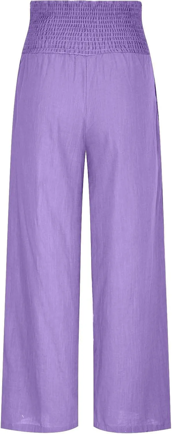 Lastesso Linen Pants Women High Waist Tummy Control Soft Palazzo Slacks Lightweight Basic Solid Summer Beach Boho Clothes