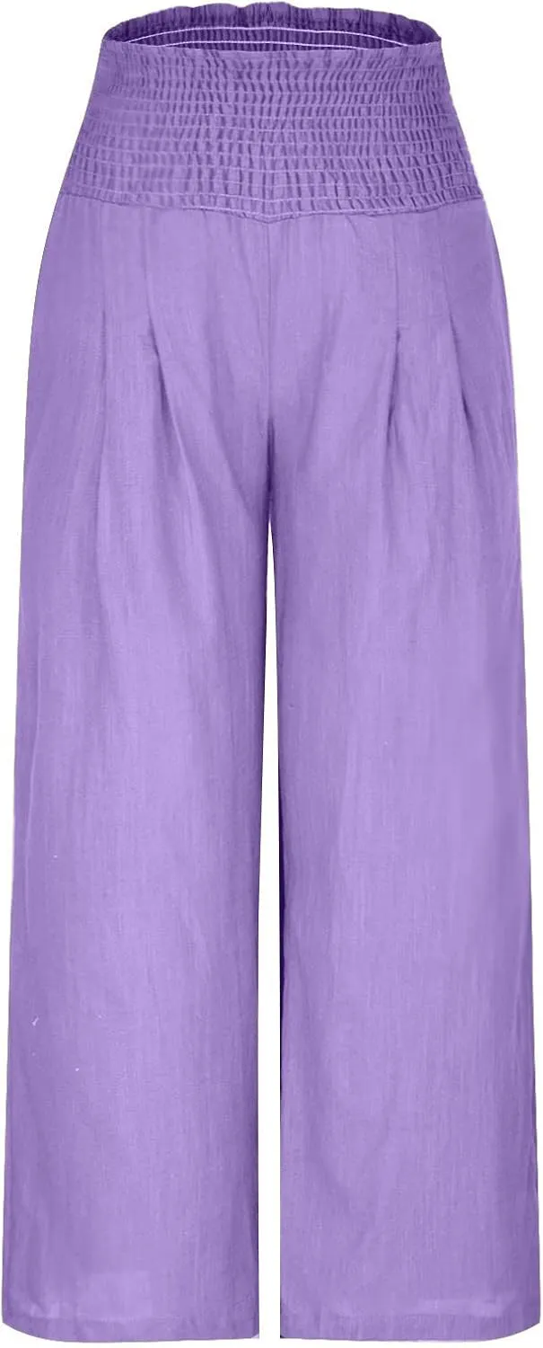Lastesso Linen Pants Women High Waist Tummy Control Soft Palazzo Slacks Lightweight Basic Solid Summer Beach Boho Clothes