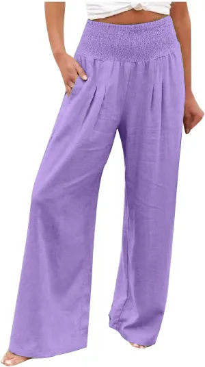 Lastesso Linen Pants Women High Waist Tummy Control Soft Palazzo Slacks Lightweight Basic Solid Summer Beach Boho Clothes