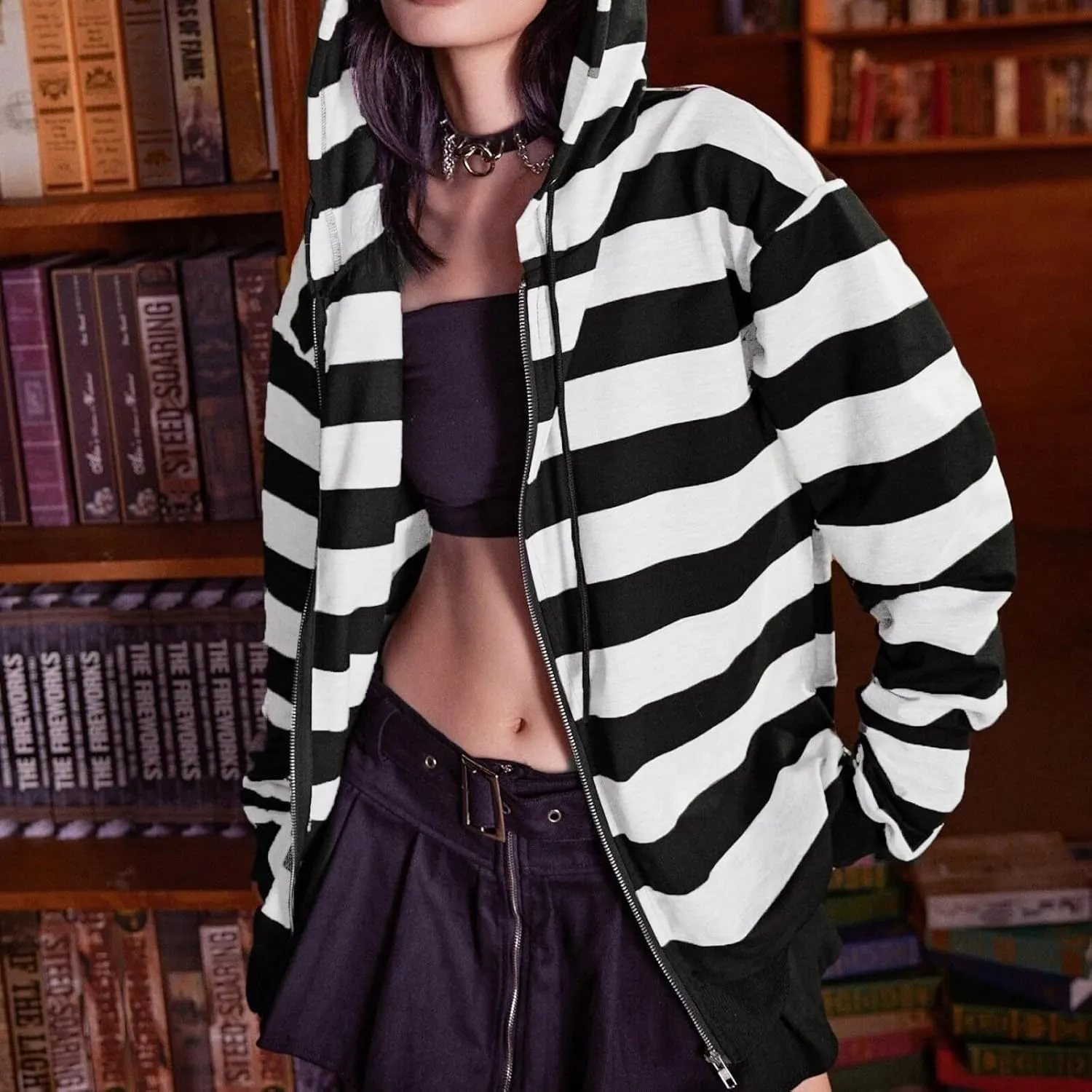 LAVASEON Women 's Oversized Zip Up Hoodie Y2K Striped Lightweight Hooded Sweatshirt Gothic Streetwear Pullover
