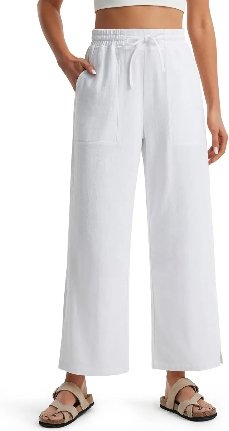 Libin Women Linen Pants Wide Leg Side Slit Ankle Pants High Waist Drawstring Casual Palazzo Loose Beach Pant Cropped Trousers
