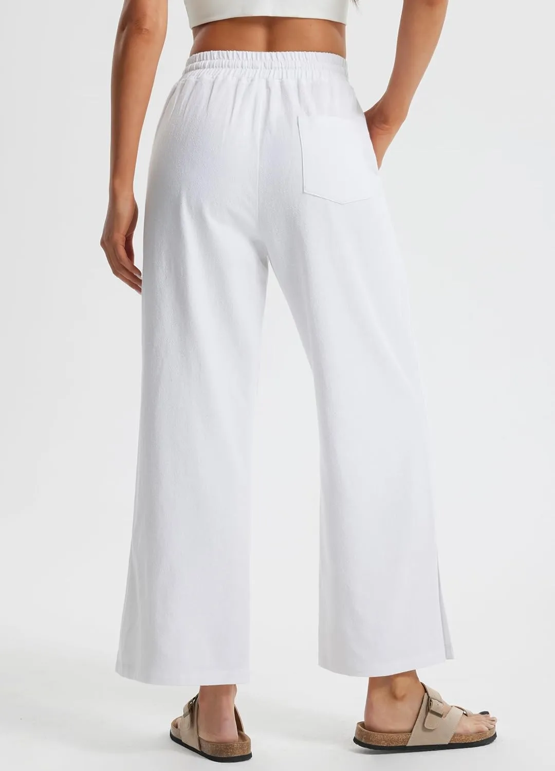 Libin Women Linen Pants Wide Leg Side Slit Ankle Pants High Waist Drawstring Casual Palazzo Loose Beach Pant Cropped Trousers