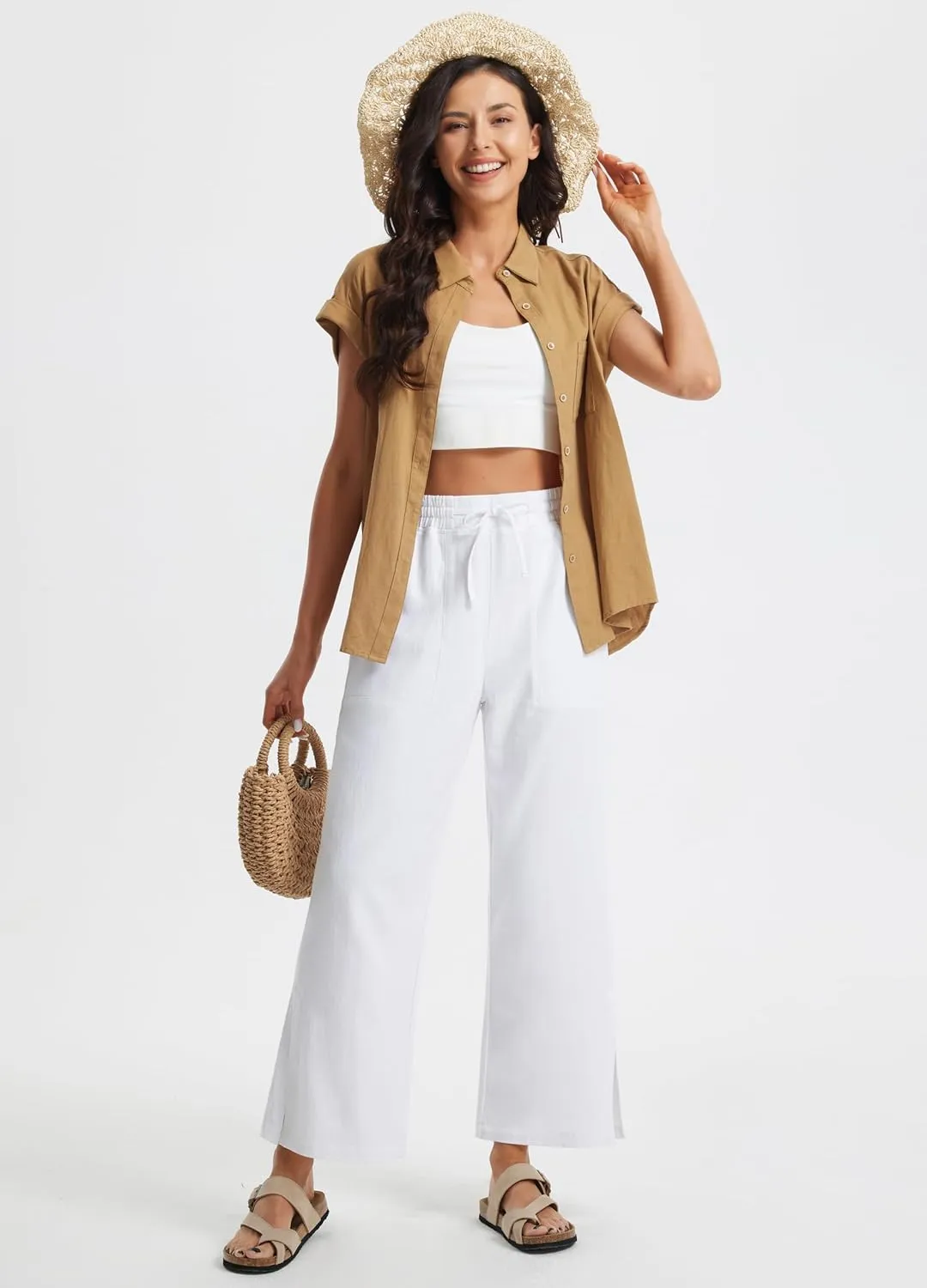 Libin Women Linen Pants Wide Leg Side Slit Ankle Pants High Waist Drawstring Casual Palazzo Loose Beach Pant Cropped Trousers