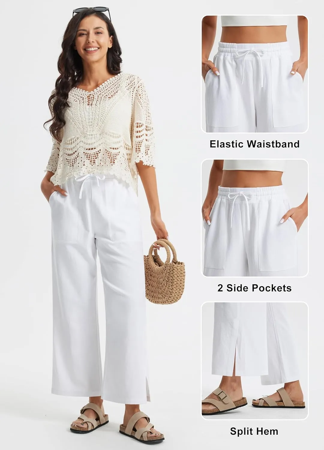 Libin Women Linen Pants Wide Leg Side Slit Ankle Pants High Waist Drawstring Casual Palazzo Loose Beach Pant Cropped Trousers