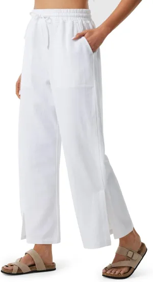 Libin Women Linen Pants Wide Leg Side Slit Ankle Pants High Waist Drawstring Casual Palazzo Loose Beach Pant Cropped Trousers