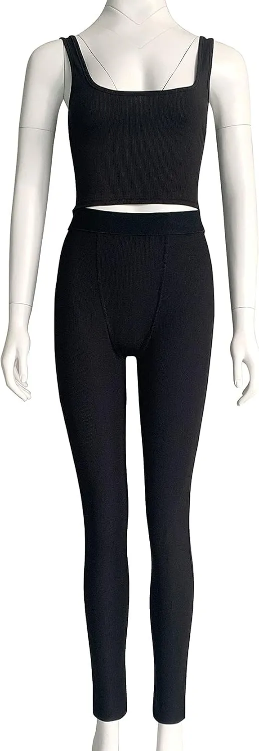 LICOBOD Casual Workout Sets 2 Piece Outfits for Women Ribbed Crop Tank Top High Waist Yoga Leggings Lounge Wear Tracksuit