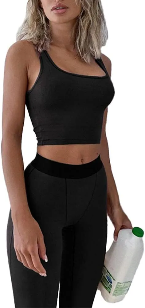 LICOBOD Casual Workout Sets 2 Piece Outfits for Women Ribbed Crop Tank Top High Waist Yoga Leggings Lounge Wear Tracksuit
