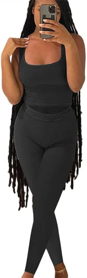 LICOBOD Casual Workout Sets 2 Piece Outfits for Women Ribbed Crop Tank Top High Waist Yoga Leggings Lounge Wear Tracksuit
