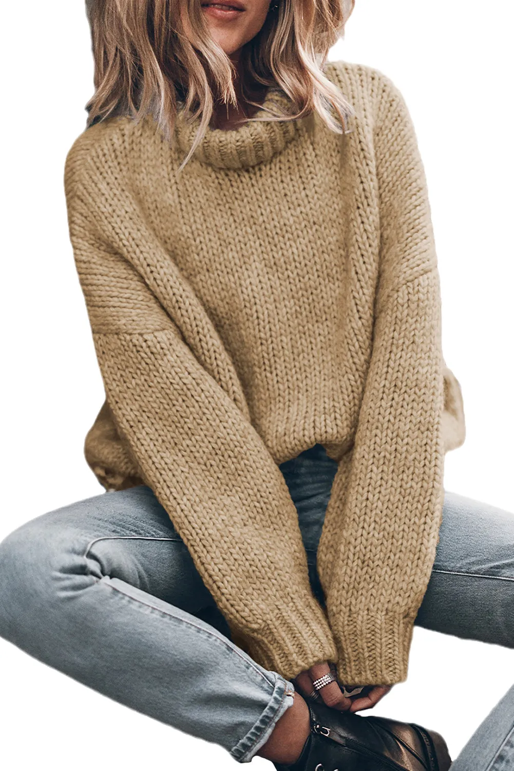 Light French Beige Chunky Knit Turtle Neck Drop Shoulder Sweater