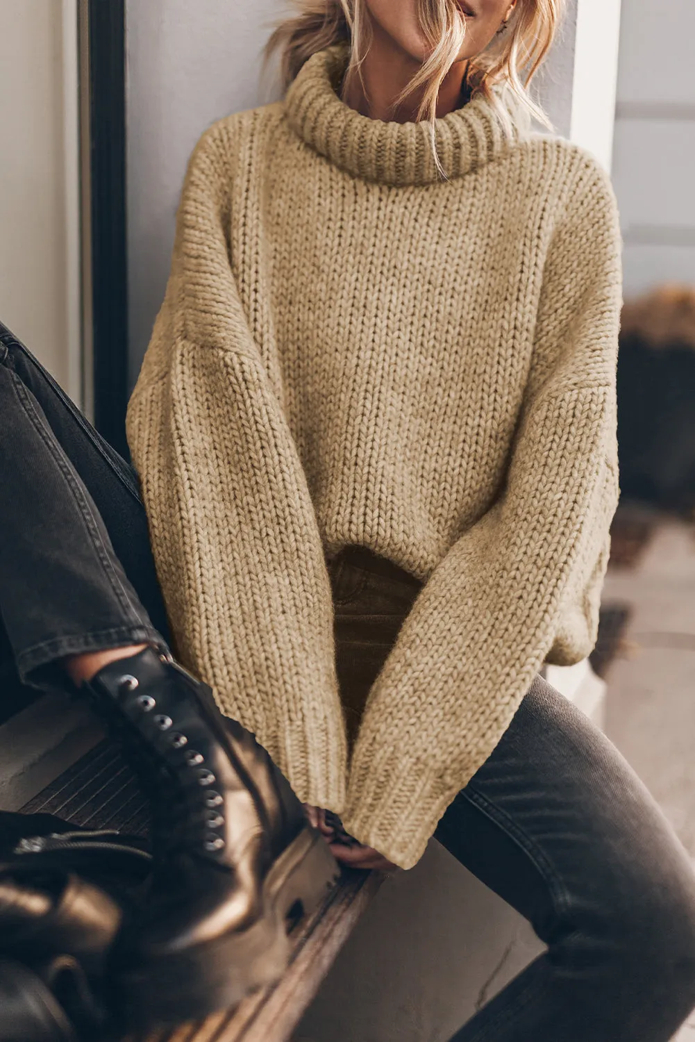 Light French Beige Chunky Knit Turtle Neck Drop Shoulder Sweater