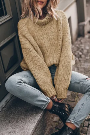 Light French Beige Chunky Knit Turtle Neck Drop Shoulder Sweater
