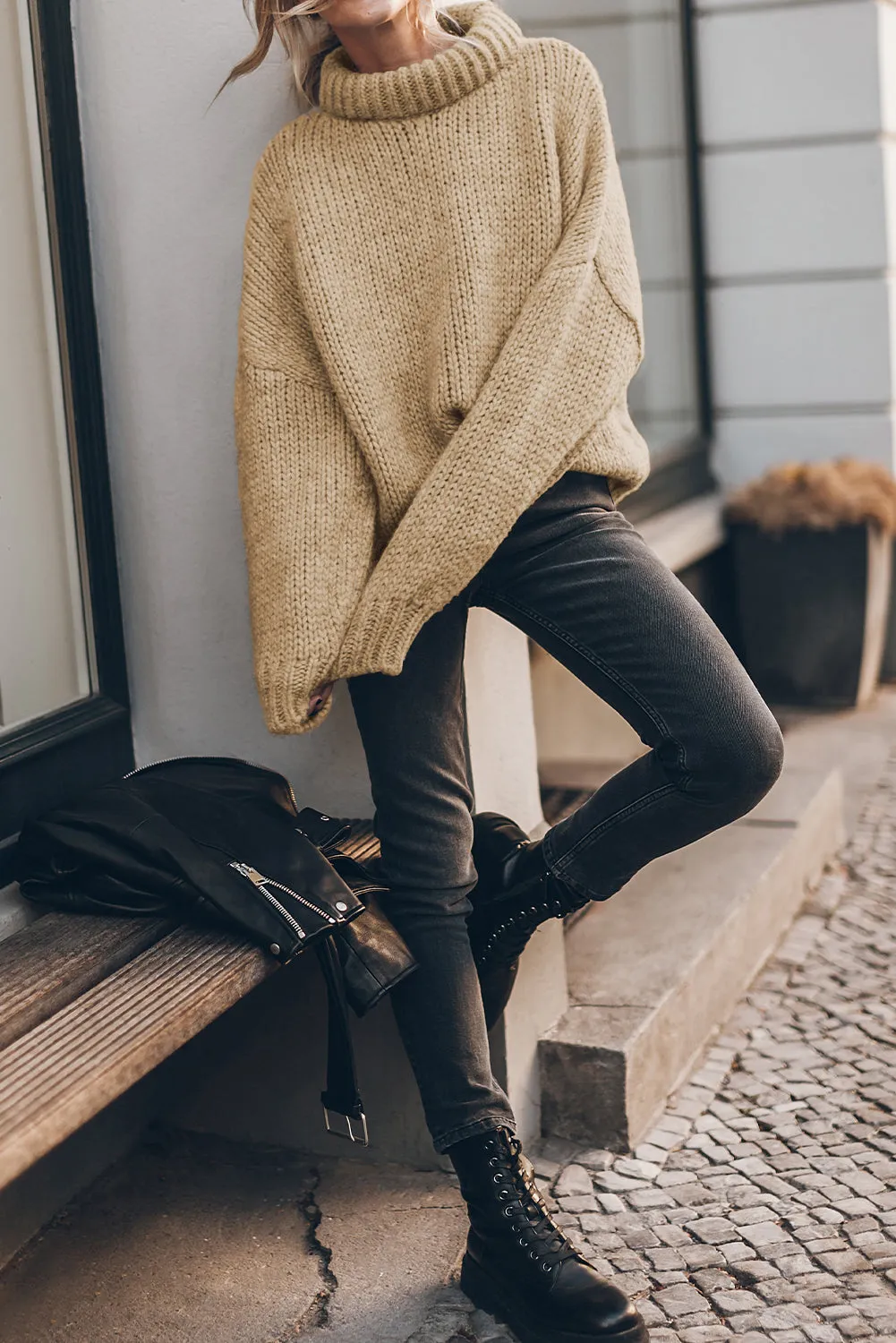 Light French Beige Chunky Knit Turtle Neck Drop Shoulder Sweater