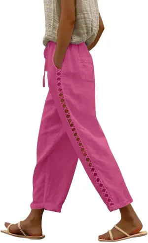 Linen Cropped Pants for Women Summer Trousers Plus Size Pants Trendy Drawstring Elastic Waist Joggers with Pockets