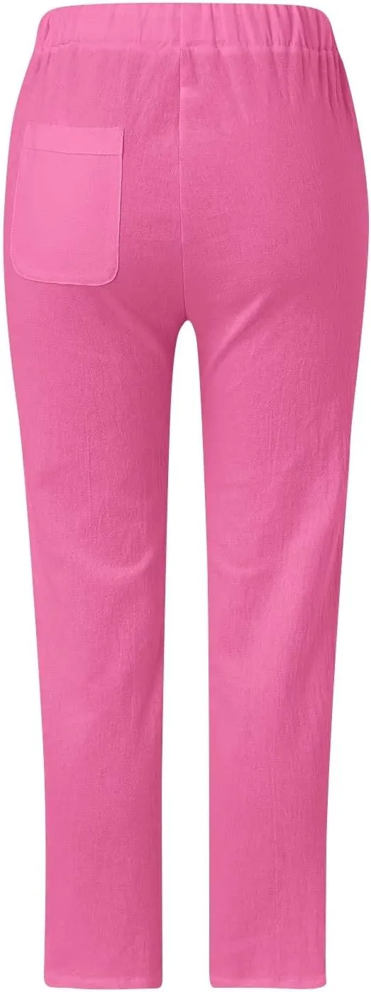 Linen Cropped Pants for Women Summer Trousers Plus Size Pants Trendy Drawstring Elastic Waist Joggers with Pockets