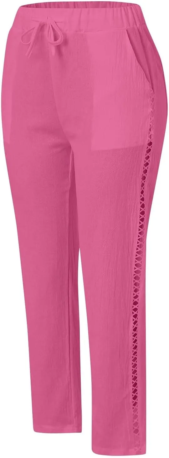 Linen Cropped Pants for Women Summer Trousers Plus Size Pants Trendy Drawstring Elastic Waist Joggers with Pockets