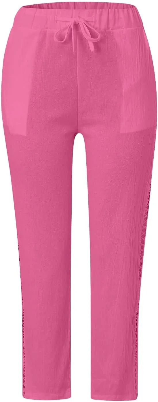 Linen Cropped Pants for Women Summer Trousers Plus Size Pants Trendy Drawstring Elastic Waist Joggers with Pockets
