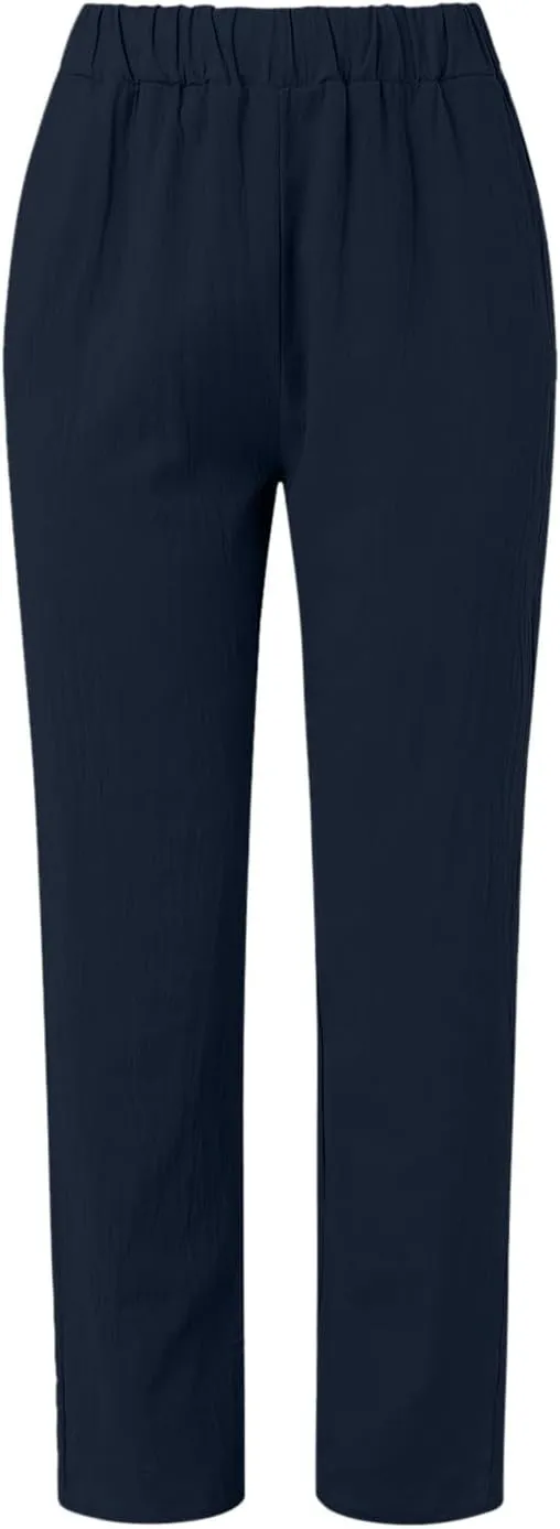 Linen Pants for Women Trendy Elastic Wasit Casual Wide Leg Trousers Ladies Beach Pants with Pockets Summer Clothes