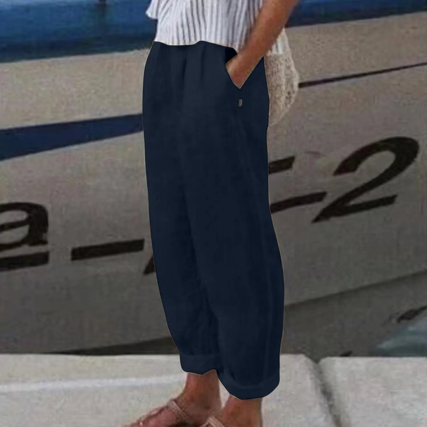 Linen Pants for Women Trendy Elastic Wasit Casual Wide Leg Trousers Ladies Beach Pants with Pockets Summer Clothes