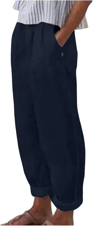 Linen Pants for Women Trendy Elastic Wasit Casual Wide Leg Trousers Ladies Beach Pants with Pockets Summer Clothes