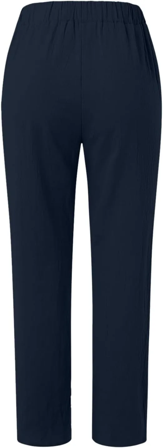 Linen Pants for Women Trendy Elastic Wasit Casual Wide Leg Trousers Ladies Beach Pants with Pockets Summer Clothes