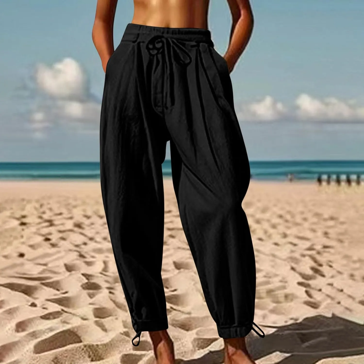 Linen Pants for Women Trendy Summer Bloomers Cinch Bottom Cropped Pant Casual Drawstring Waist Trouser wit Pockets