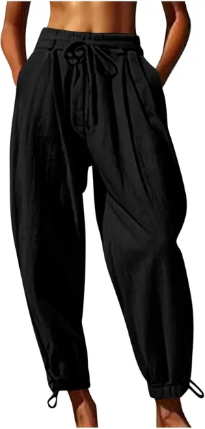 Linen Pants for Women Trendy Summer Bloomers Cinch Bottom Cropped Pant Casual Drawstring Waist Trouser wit Pockets