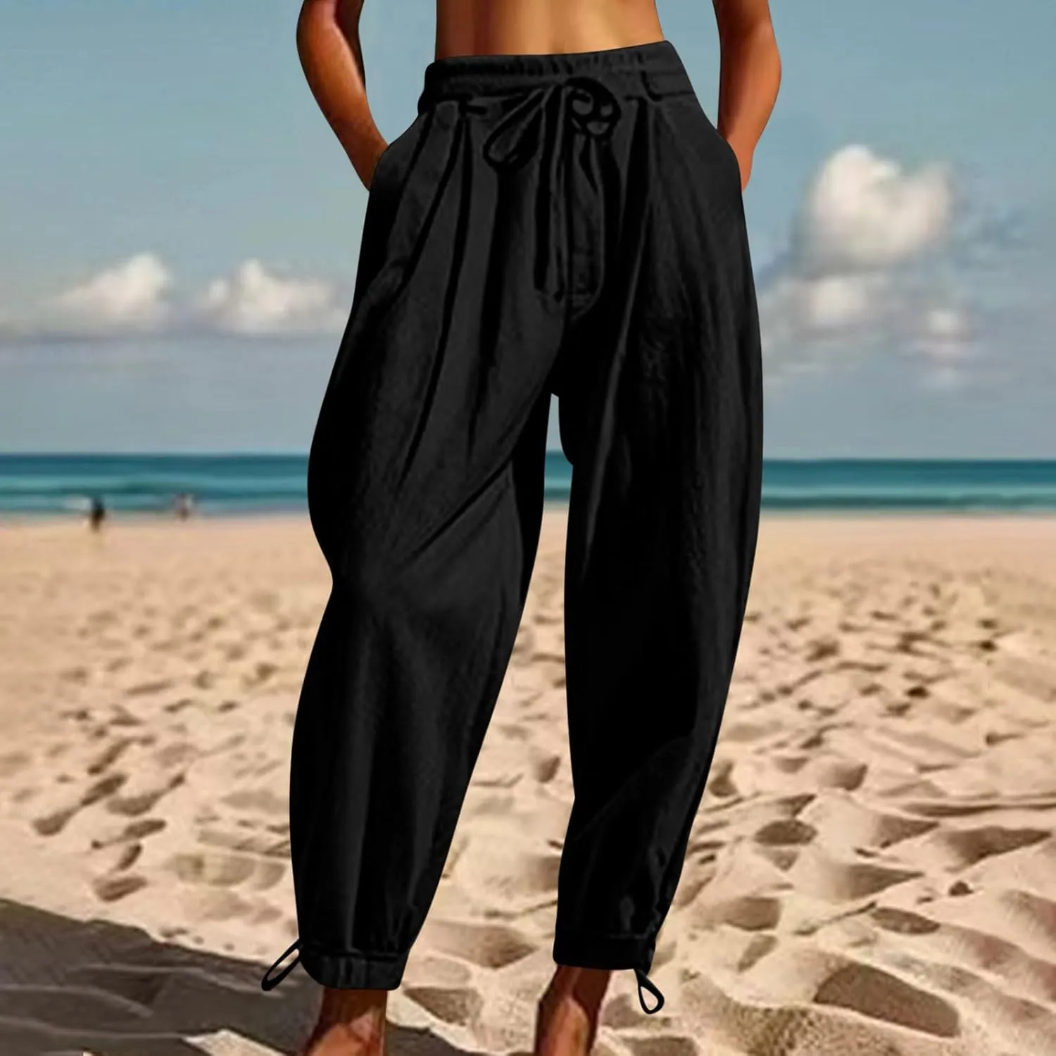 Linen Pants for Women Trendy Summer Bloomers Cinch Bottom Cropped Pant Casual Drawstring Waist Trouser wit Pockets