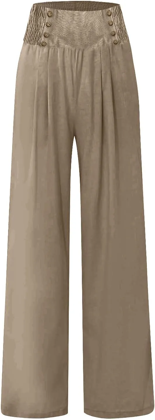 Linen Pants Women Comfy Flowy Wide Leg Pant Trousers Summer High Waisted Beach Lounge Palazzo Pants with Pockets