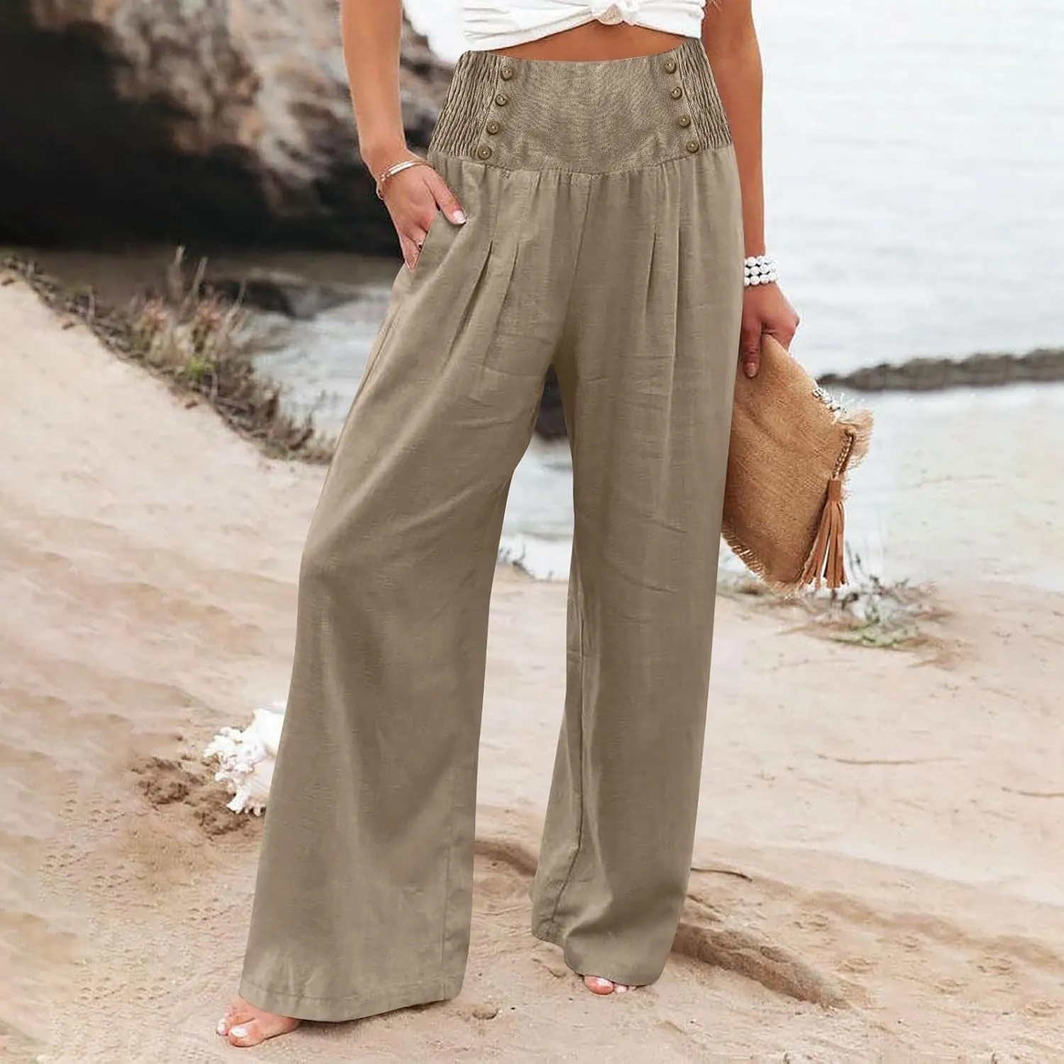 Linen Pants Women Comfy Flowy Wide Leg Pant Trousers Summer High Waisted Beach Lounge Palazzo Pants with Pockets