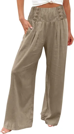 Linen Pants Women Comfy Flowy Wide Leg Pant Trousers Summer High Waisted Beach Lounge Palazzo Pants with Pockets