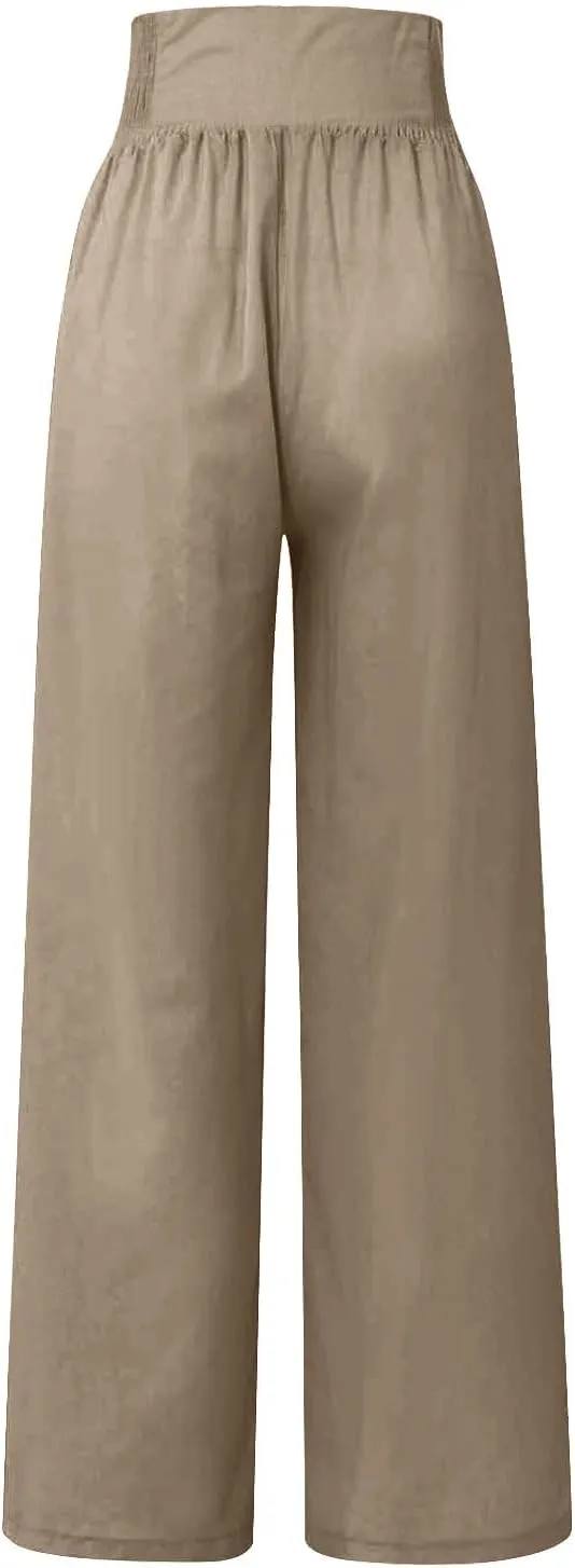Linen Pants Women Comfy Flowy Wide Leg Pant Trousers Summer High Waisted Beach Lounge Palazzo Pants with Pockets