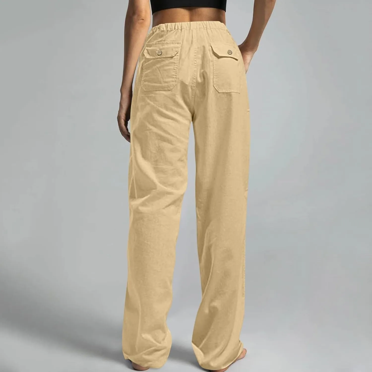 Linen Pants Women Elastic High Waisted Drawstring Wide Leg Trousers Baggy Flowy Palazzo Lounge Pants with Pockets