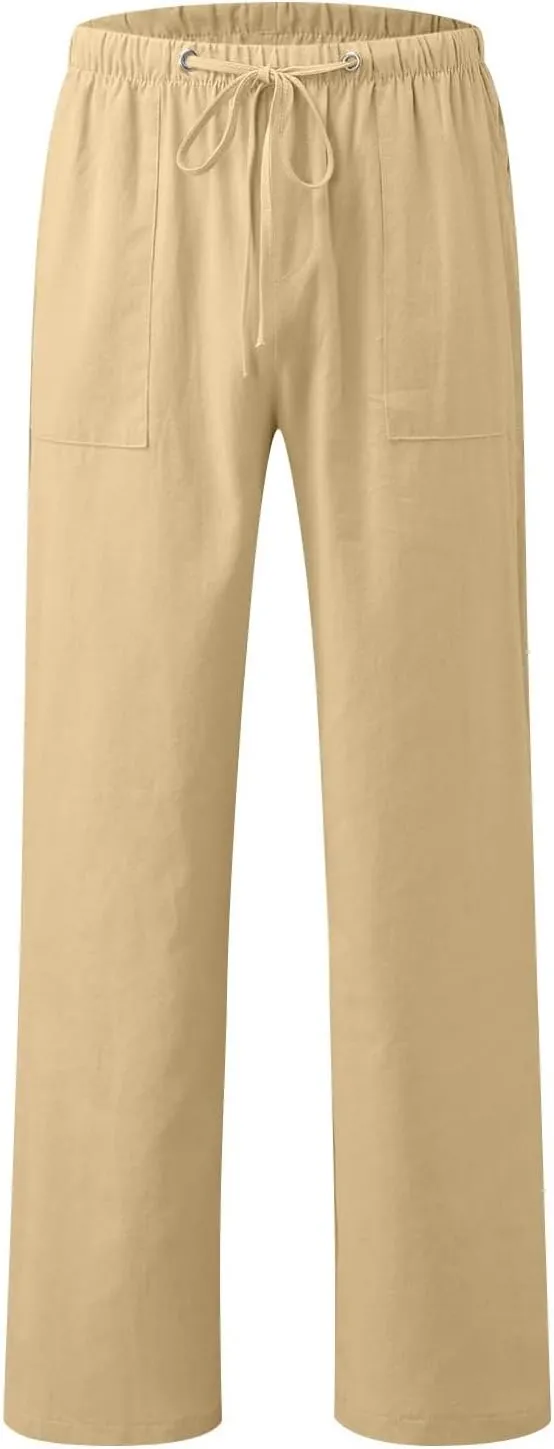 Linen Pants Women Elastic High Waisted Drawstring Wide Leg Trousers Baggy Flowy Palazzo Lounge Pants with Pockets
