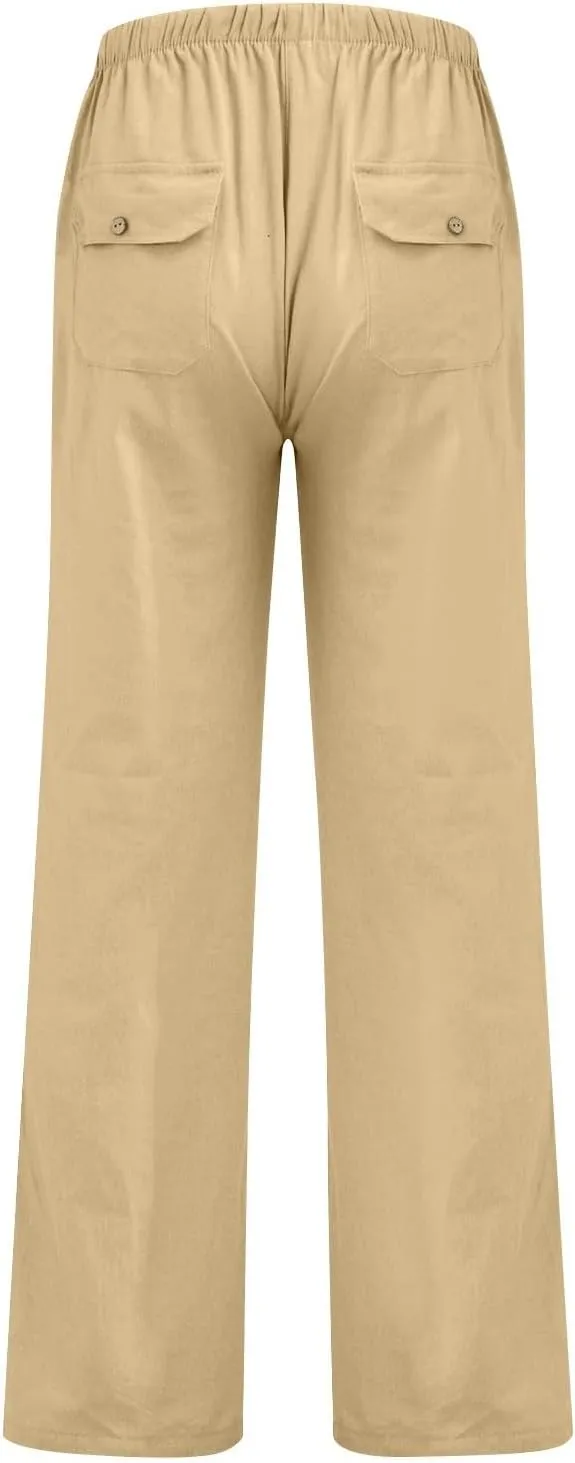 Linen Pants Women Elastic High Waisted Drawstring Wide Leg Trousers Baggy Flowy Palazzo Lounge Pants with Pockets