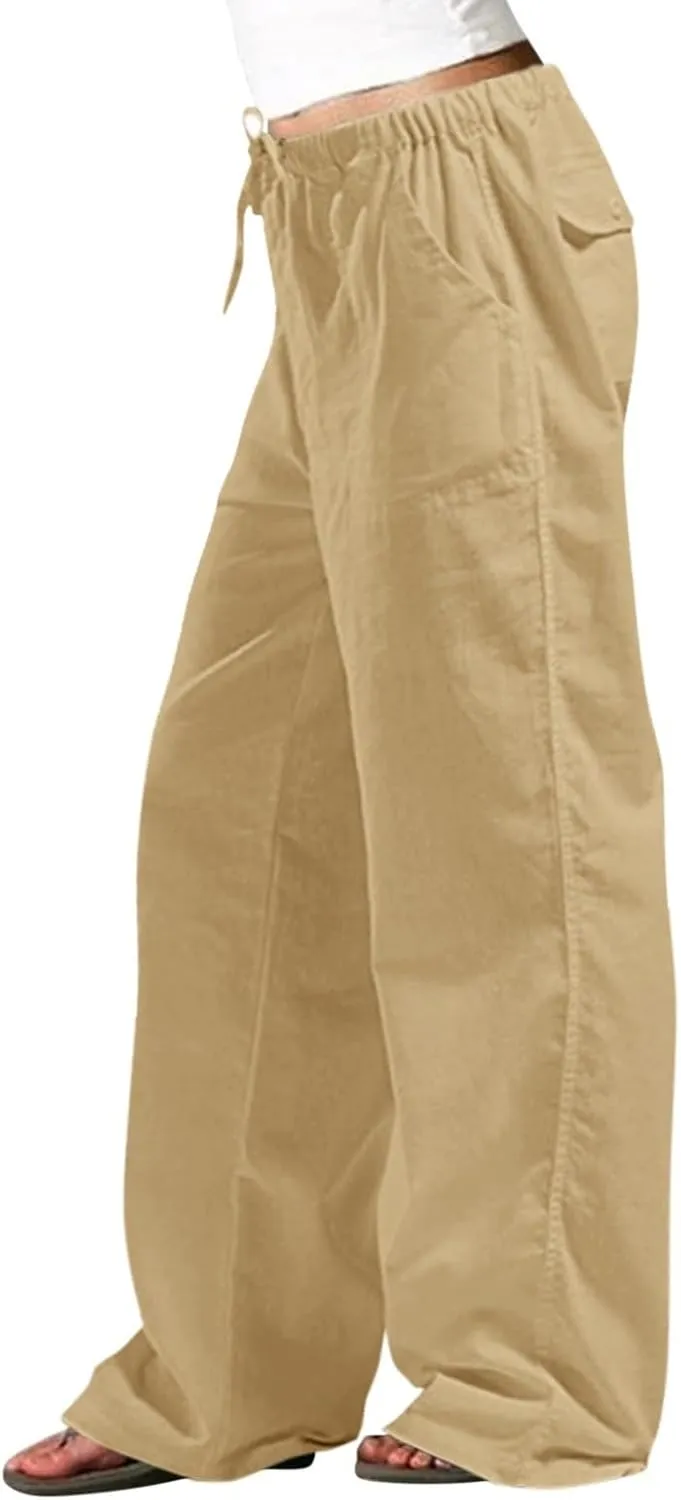 Linen Pants Women Elastic High Waisted Drawstring Wide Leg Trousers Baggy Flowy Palazzo Lounge Pants with Pockets