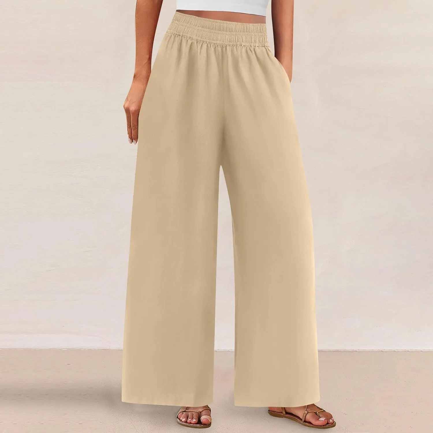 Linen Pants Women Summer Casual Loose Palazzo Flowy Slacks Elastic Waistband Wide Leg Beach Trousers with Pockets