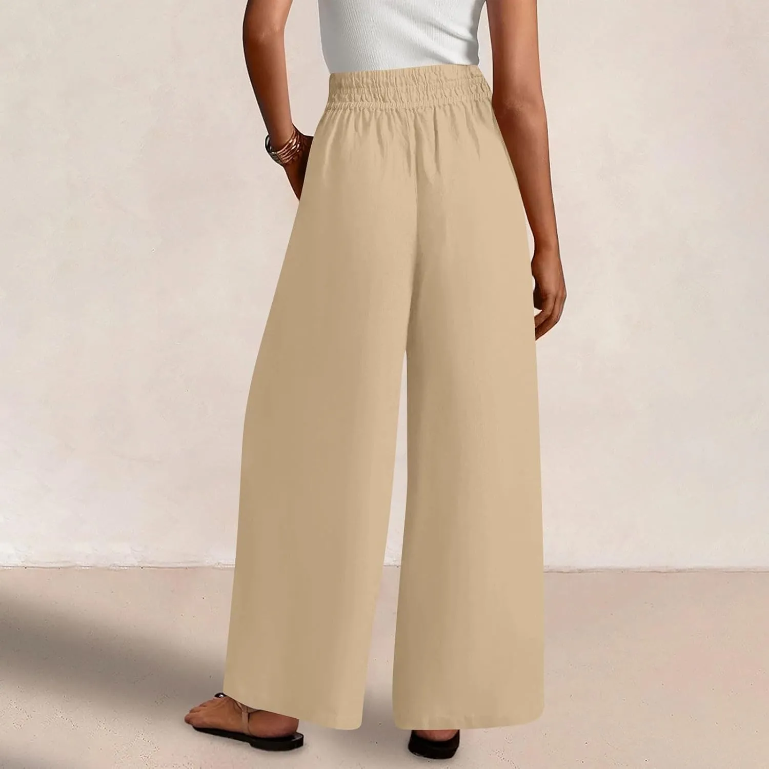 Linen Pants Women Summer Casual Loose Palazzo Flowy Slacks Elastic Waistband Wide Leg Beach Trousers with Pockets